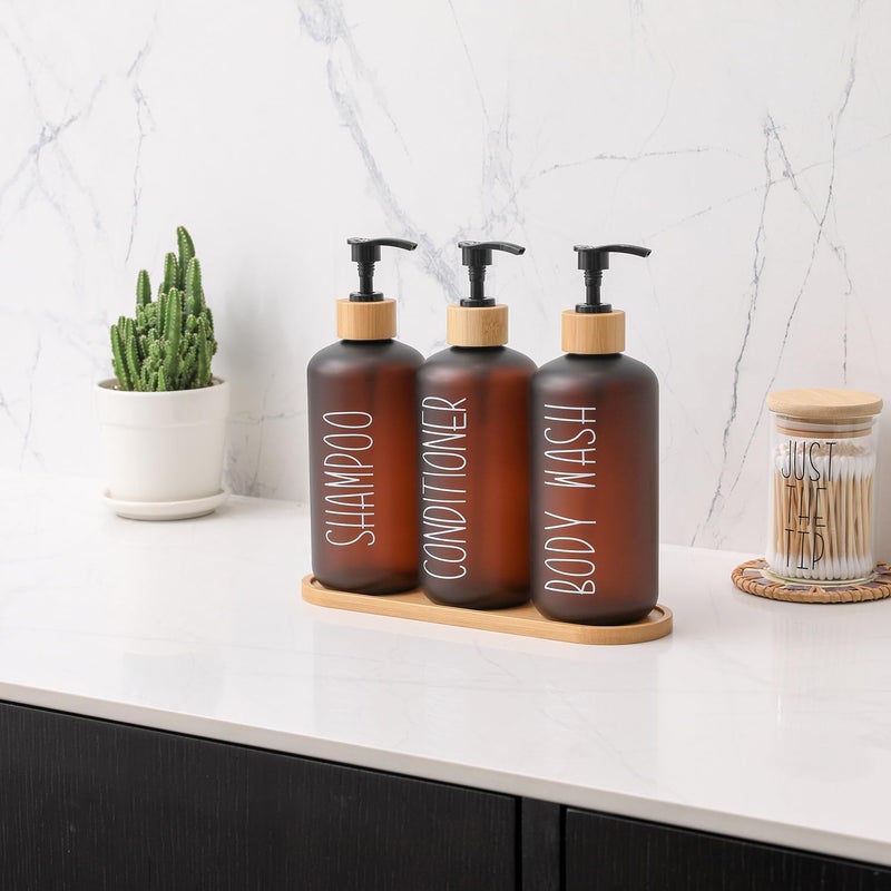 MOMEEMO Amber Shower Dispenser Set, Contains 3 Extra-Thick PET Plastic Bottles with Bamboo Pumps, Shampoo and Conditioner Dispenser for Shower Perfect for Modern Bathroom Decor. (Amber) - Image 4